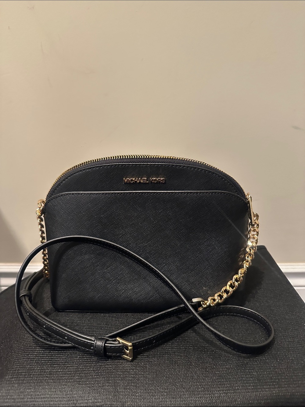 Michael Kors Black Leather Crossbody with Gold Chain